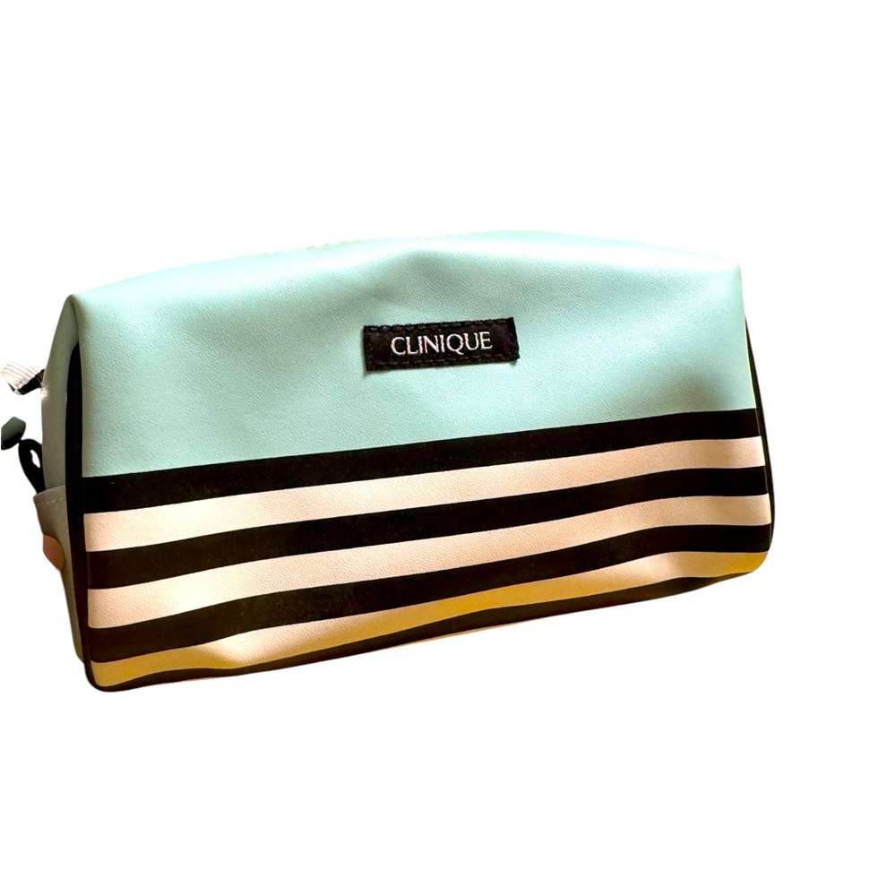 Clinique Cosmetic Bag. Mint green w/black & white stripes. NEW